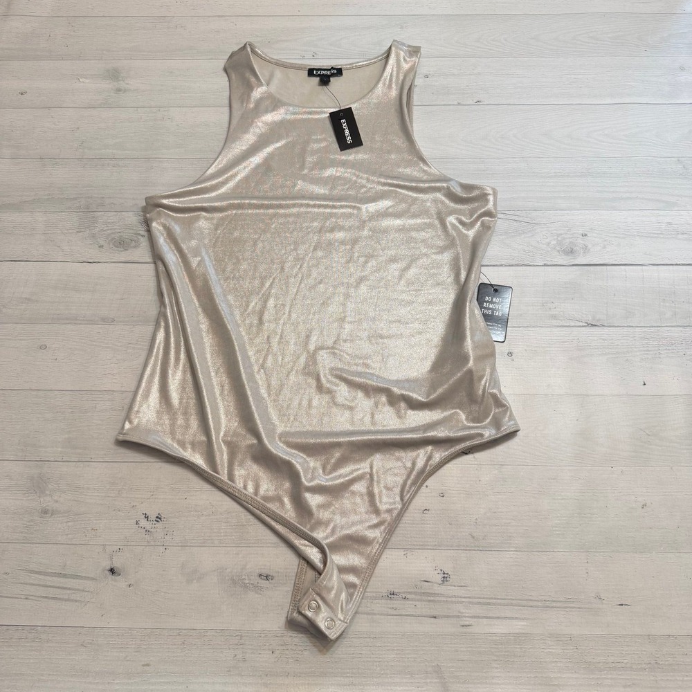 Express Metallic silver shin Bodysuit High Round Neck Thong women's‎ large NEW